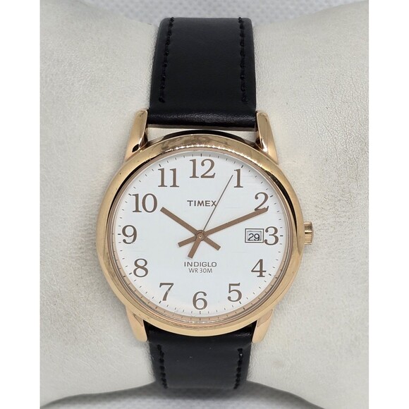 Unisex Timex Indiglo Round Date Rose Gold Tone White Dial Black Leather Watch 13 - Picture 5 of 9